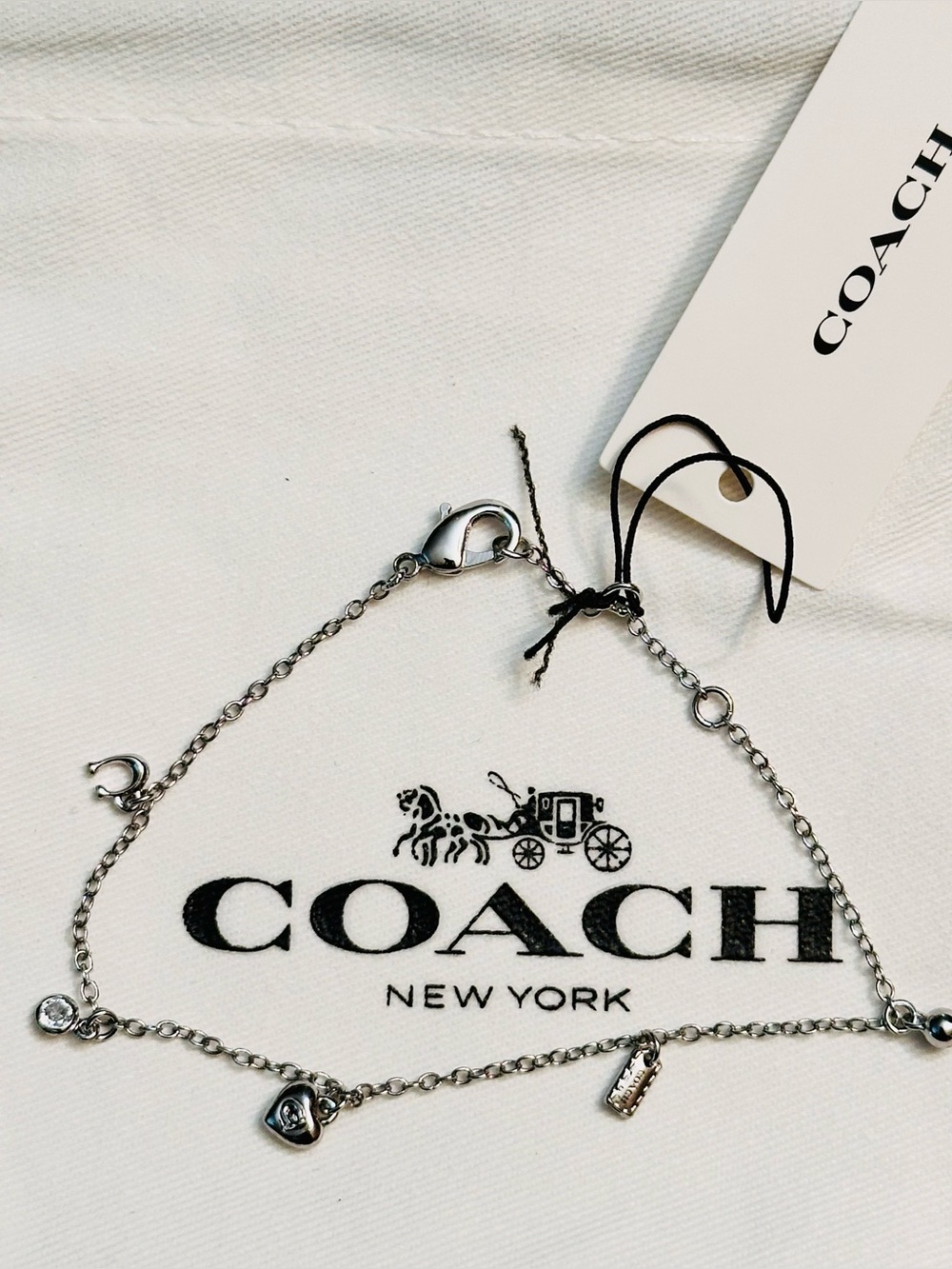 Coach Charm Bracelet Silver NWT & Coach Jewelry Drawstring Protective Dust Bag